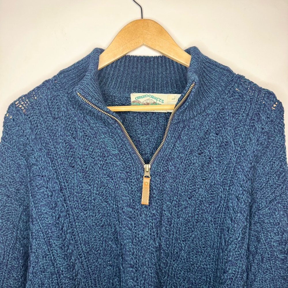 Aran Crafts Women’s 1/4 Zip 100% Merino  Wool Blue Sweater Size Large Y2K 90s - Picture 7 of 10